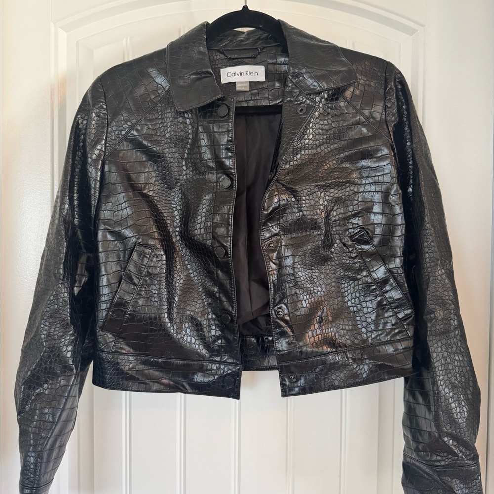 Calvin Klein Faux Crocodile Leather Cropped Jacket